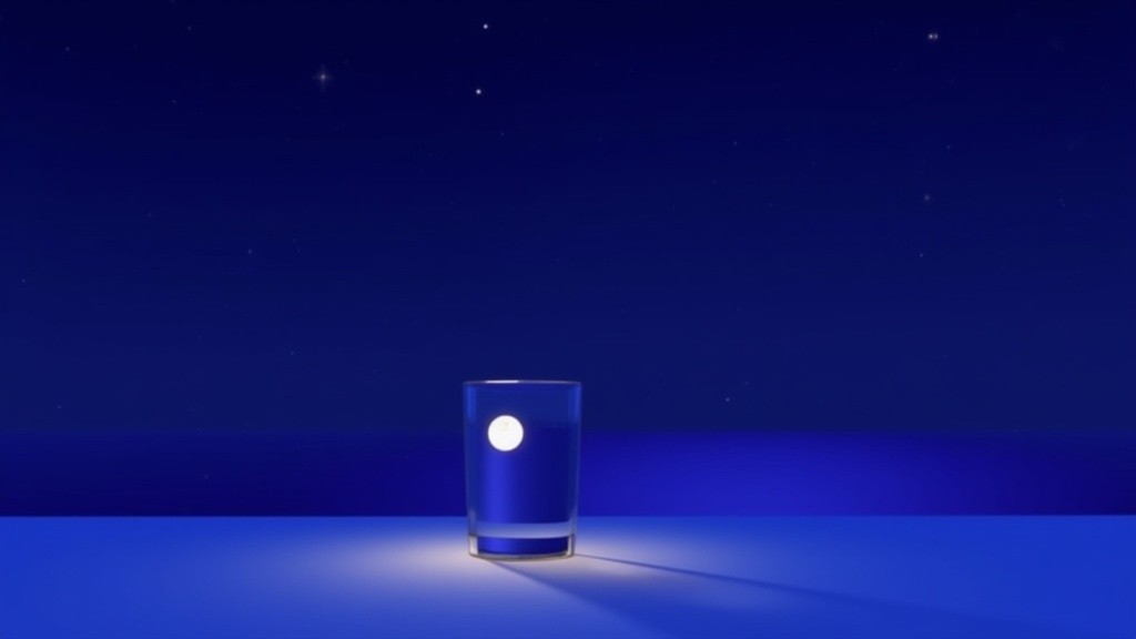 A program's guess: a glass of water on a bedside table under an indigo night sky, a tiny moon glowing inside the glass.