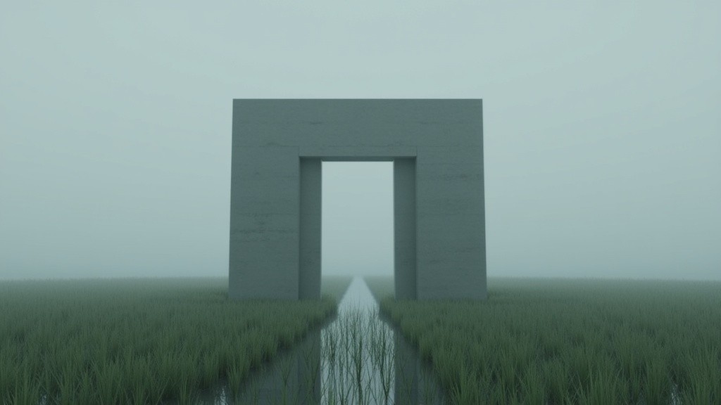 A program's guess: a stone doorway standing alone in damp grass, its top dissolving into mist.